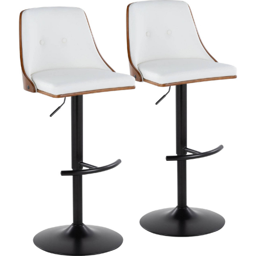 Gianna Adjustable Swivel Bar Stool in Black Metal, Walnut Wood & White Leatherette (Set of 2)